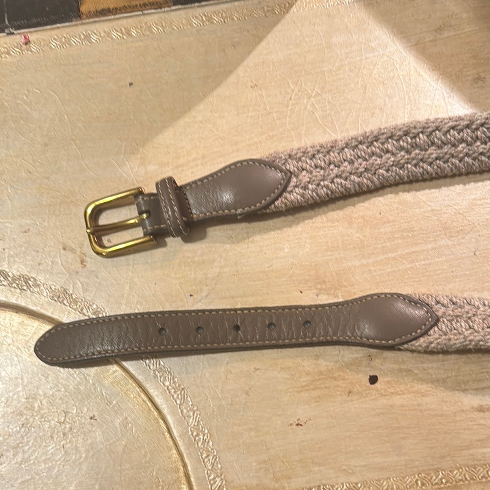 L.L. Bean Braided Tan and Brown Leather Belt with Brass Buckle